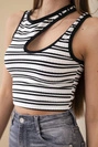 Women's ribbed sleeveless striped cut-out top black