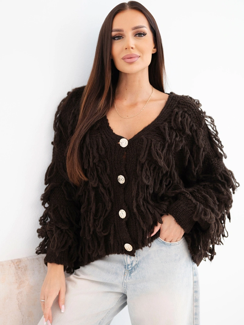 Women's sweater with fringes and decorative buttons brown