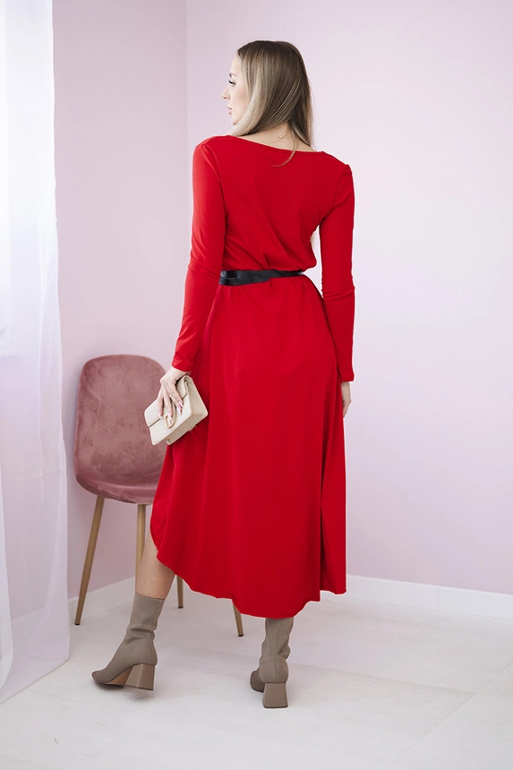 Dress with a decorative belt and an inscription red