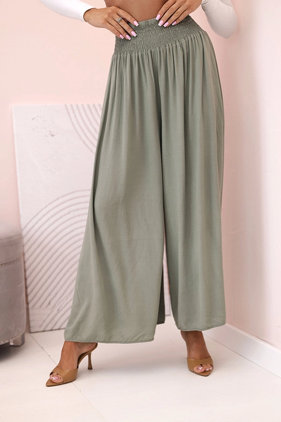 Women's viscose trousers with elastic waistband khaki