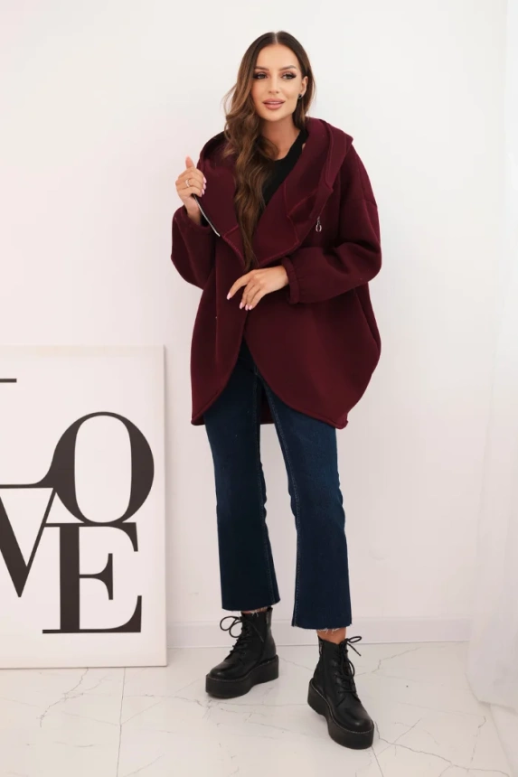 Women's insulated hoodie with an asymmetrical zipper burgundy