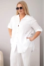 Women's muslin plus-size set with a button-front shirt and wide-leg trousers white