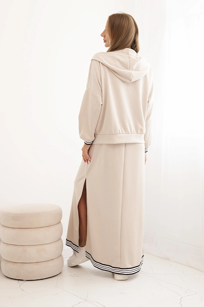 Women's set with viscose featuring a button-up blouse and a long dress beige