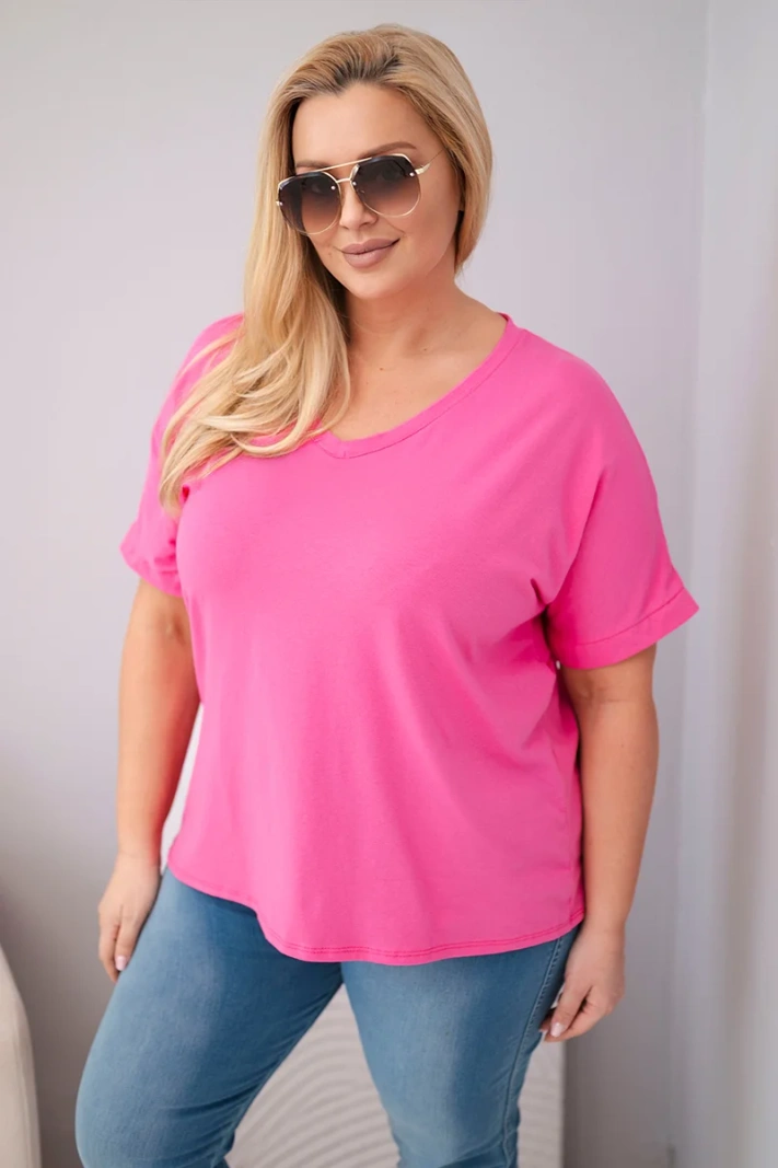 Damen-Baumwollbluse Plus-Size mit V-Ausschnitt und Fransen am Rücken rosa