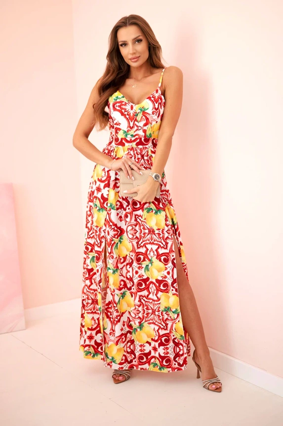 Maxikleid für Damen mit Trägern mit Print rot