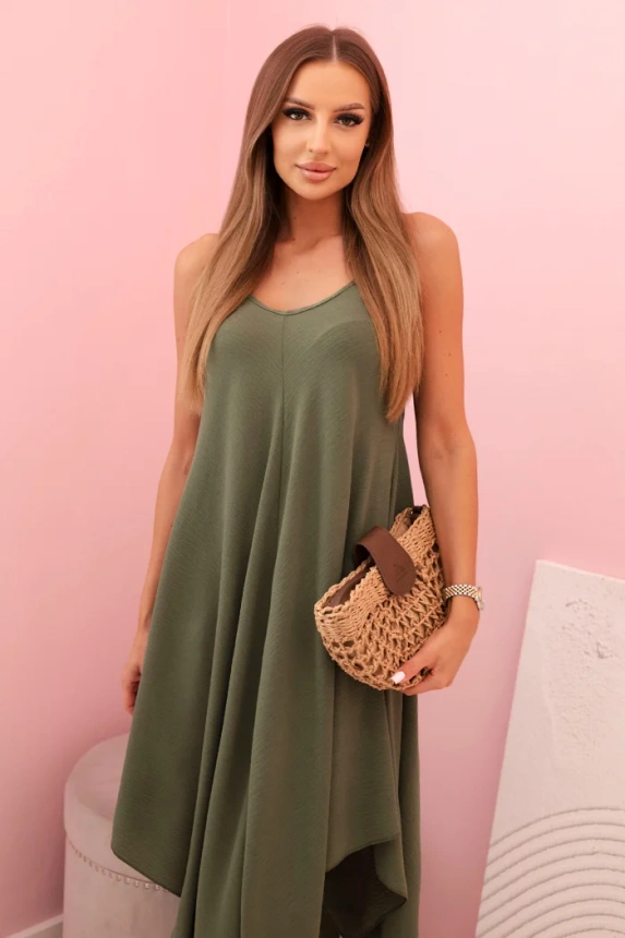 Women's dress with straps flared with an asymmetrical hem khaki