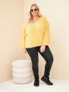 Moteriškas megztinis Plus Size su V formos iškirpte ir plačiu rankovu garstyčių spalvos