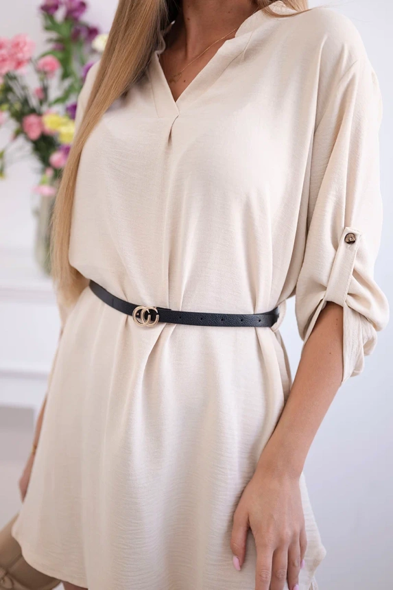 Dress with longer back and belt light beige