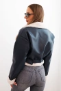 Women's pilot jacket made of faux leather, insulated with fur and a belt, navy blue