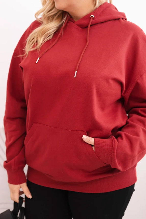 Moteriška pėtelinė plus size medvilninė bliuzonas su gobtuvu ir kengūros kišene bordo