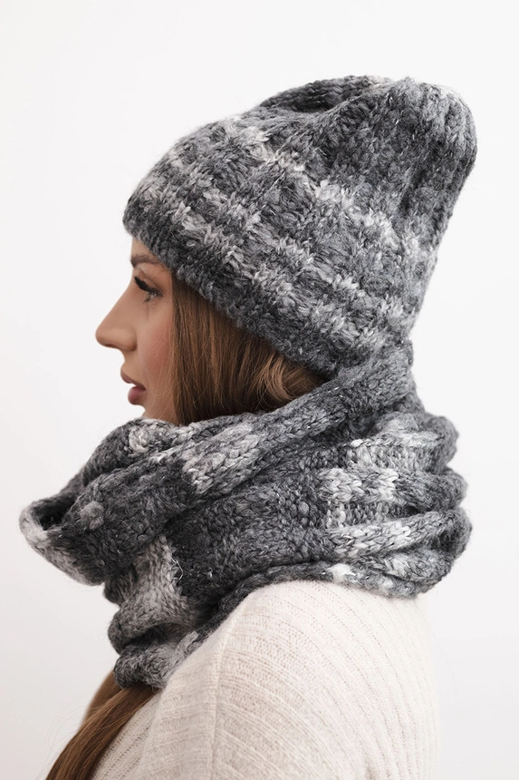 Women's winter set with mohair, hat and cowl with fluffy texture K500 graphite