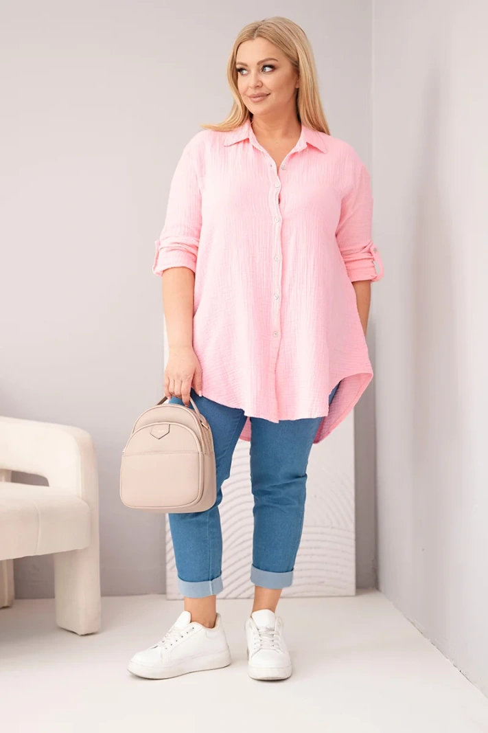 Bavlnená mušelínová košeľa Plus Size cukríková ružová