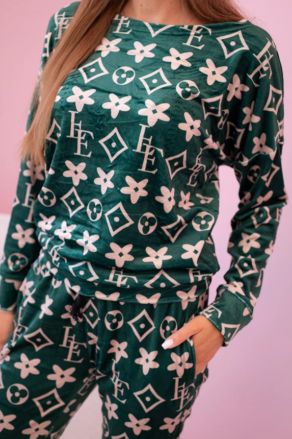 Dámsky velúrový komplet s monogramom zelená + béžová
