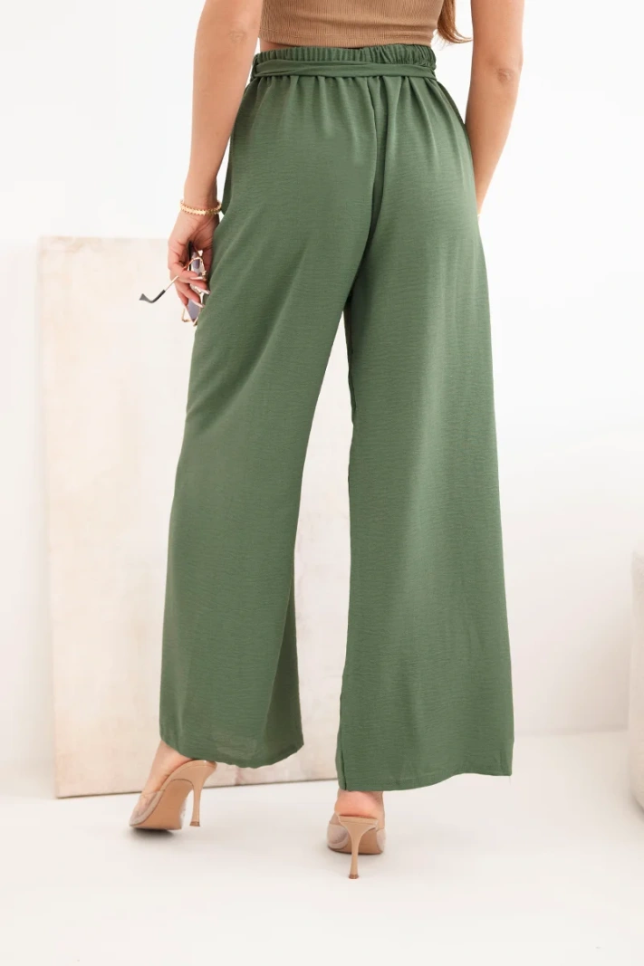 Hose mit weitem Bein und Bindegürtel in der Taille khaki