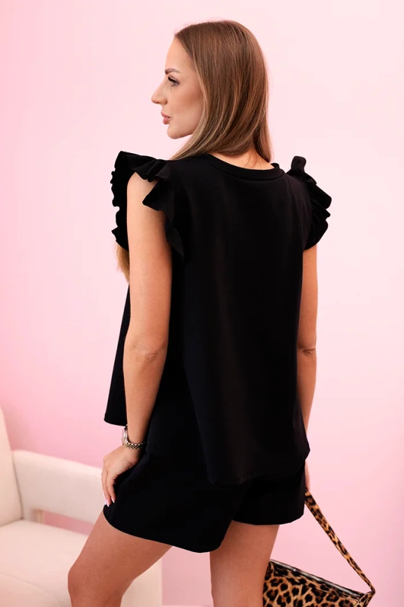 Women's set with a frill – a short-sleeved blouse and shorts with an elastic band black