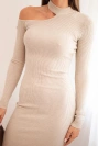 Women's knitted dress with long sleeves and an asymmetrical neckline beige
