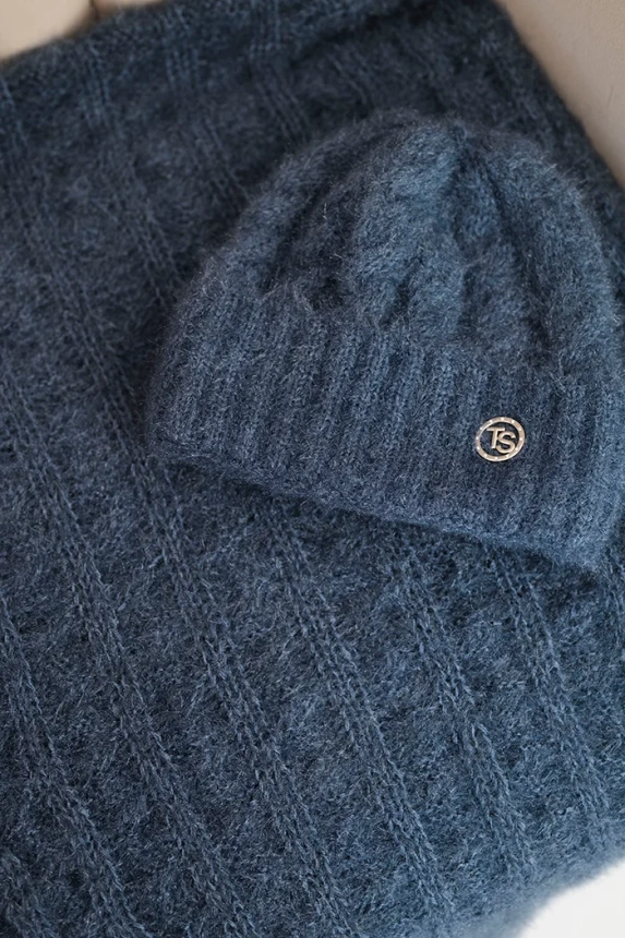 Damen Set Mütze und Schal mit Rippmuster und Dekoration jeansblau