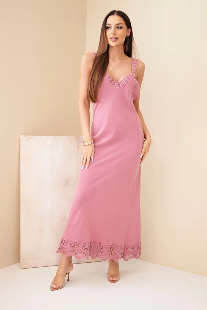 Women's cotton maxi dress with lace dark pink