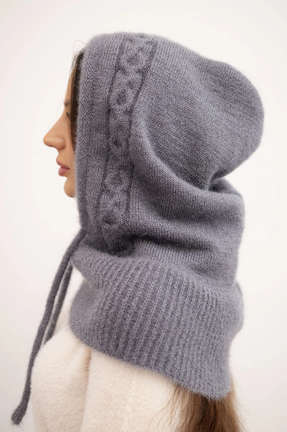 Women's hooded cap with ties and braid weave graphite