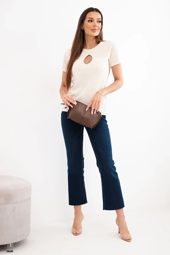 Damen-Viskose-Rippbluse mit dekorativem Ausschnitt am Dekolleté beige