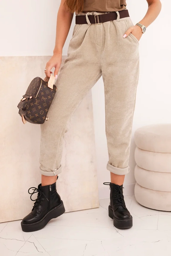 Women's corduroy pants with a belt dark beige