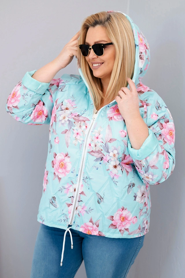 Pavasarinė moterų pamušalinė striukė Plus Size su gobtuvu ir gėlių raštu mėtinė