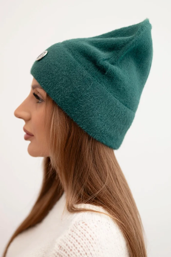 Women's soft alpaca hat with decorative plate green