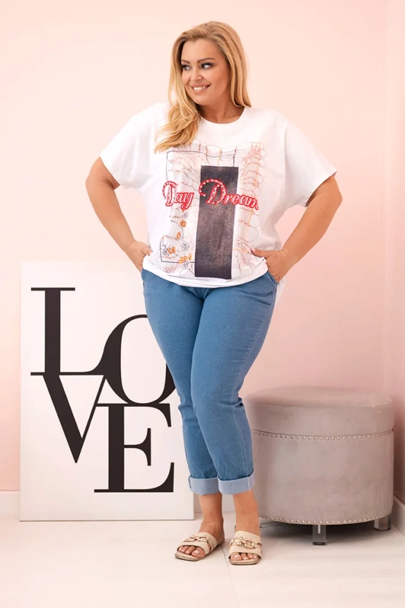 Dámská bavlněná halenka Plus Size s potiskem „Day Dream“ bílá + tmavě modrá