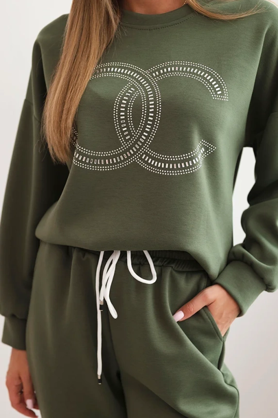 Damen-Set aus Viskose mit dekorativem Muster und Hose khaki