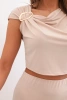 Women's set with a blouse featuring a decorative buckle and a fitted skirt - beige