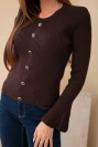 Women's ribbed viscose blouse with buttons and wide sleeve brown