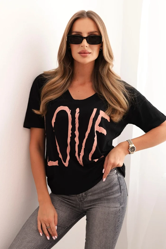 Women's cotton blouse with a V-neck and LOVE print black