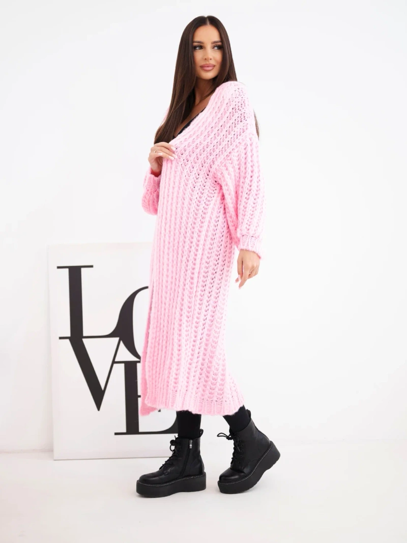 Long women's cardigan openwork without fastening with wide sleeve light pink