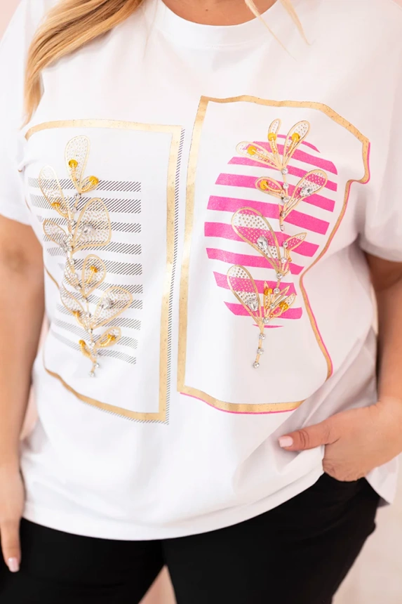 Dámská bavlněná halenka Plus Size s kamínky bílá + růžová