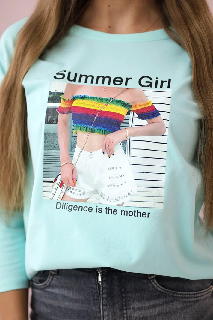 Bluzka z nadrukiem Summer Girl miętowa
