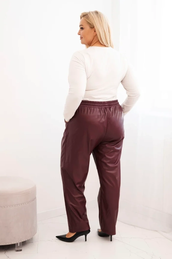 Spodnie damskie Plus Size ocieplane z ekoskóry z wysokim stanem bordowe