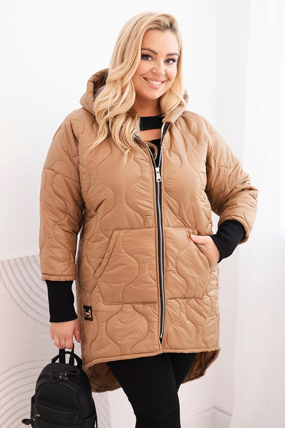 Plus Size women's winter quilted jacket with a hood camel