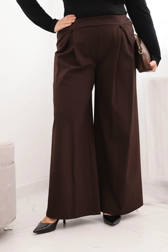 Dámské kalhoty Plus Size s širokými nohavicemi a plisováním hnědé