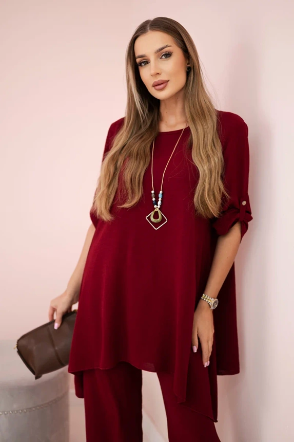Set of blouse + pants with pendant burgundy