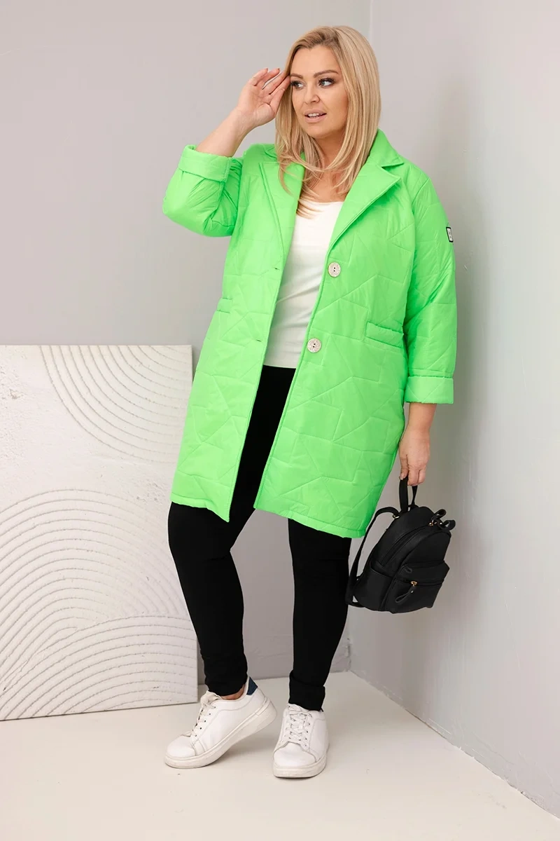 Kurtka damska Plus Size pikowana z ozdobnymi guzikami i kołnierzem zielony neon