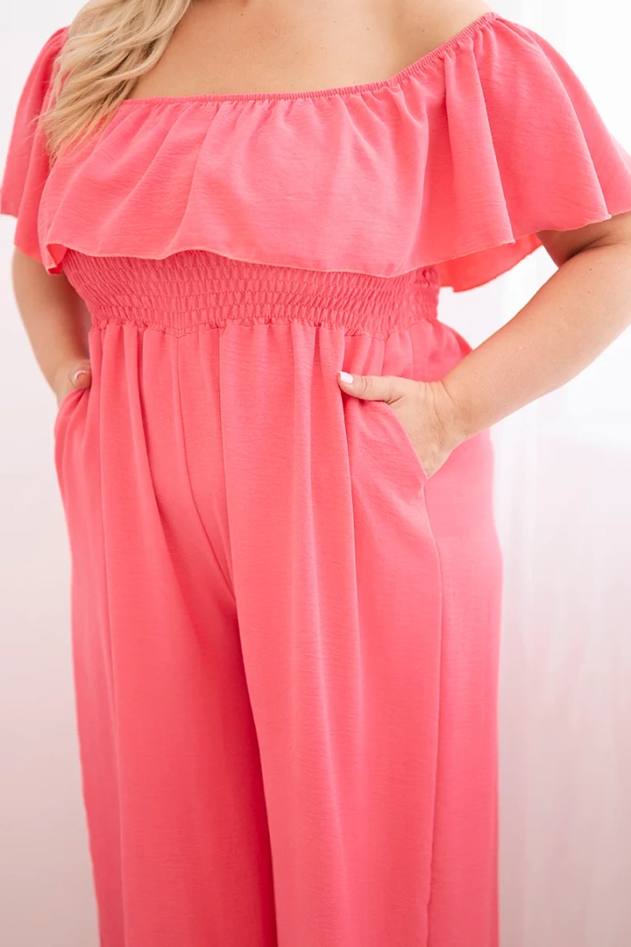 Damen-Plus-Size-Jumpsuit mit Rüsche und kurzen Ärmeln rosa