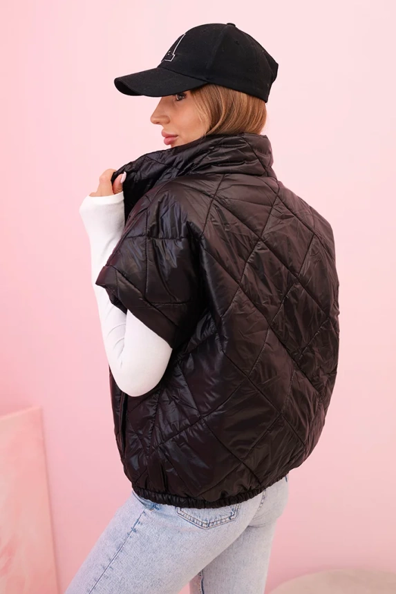 Moteriška siuvinėta liemenė su trumpomis rankovėmis ir apykakle juoda