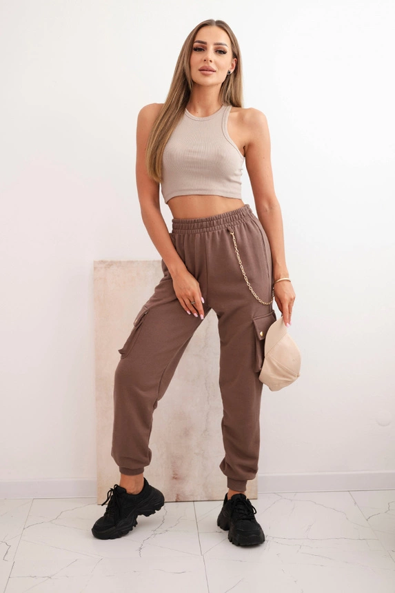 Damen Baumwoll Cargo-Hose mit Taschen und Kette mocca