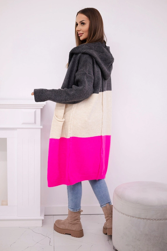 Gestreifter Cardigan-Pullover mit Kapuze graphit + beige + pink neon