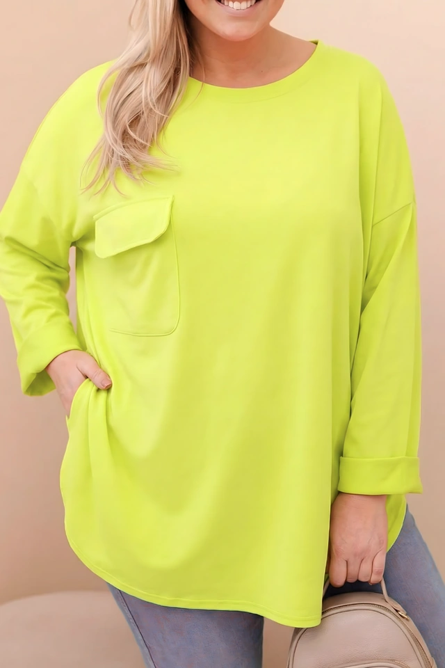 Women's Plus Size blouse with cotton, featuring a pocket and rolled-up sleeves mint green