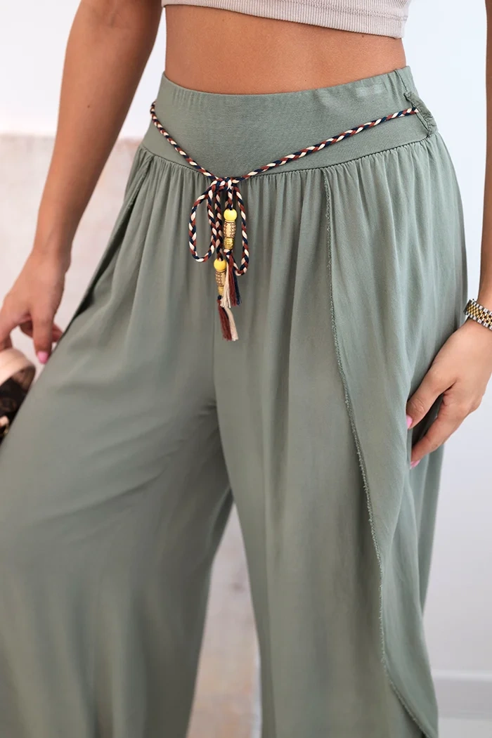 Women's viscose trousers with leg slit khaki