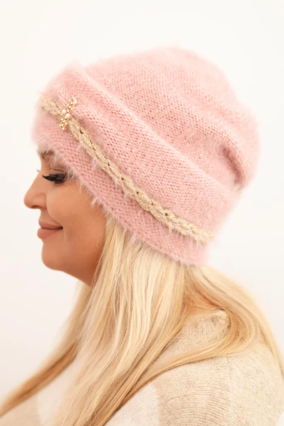 Women's winter fluffy hat with pearls and decorative weave dark powder pink