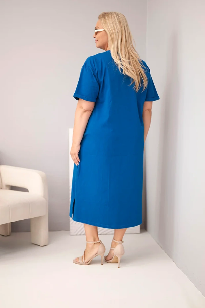 Moteriška Plus Size medvilninė suknelė su V formos iškirpte rugiagėlių mėlyna