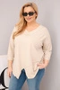 Women's Plus Size cotton blouse with a deep V-neck and asymmetrical hem beige