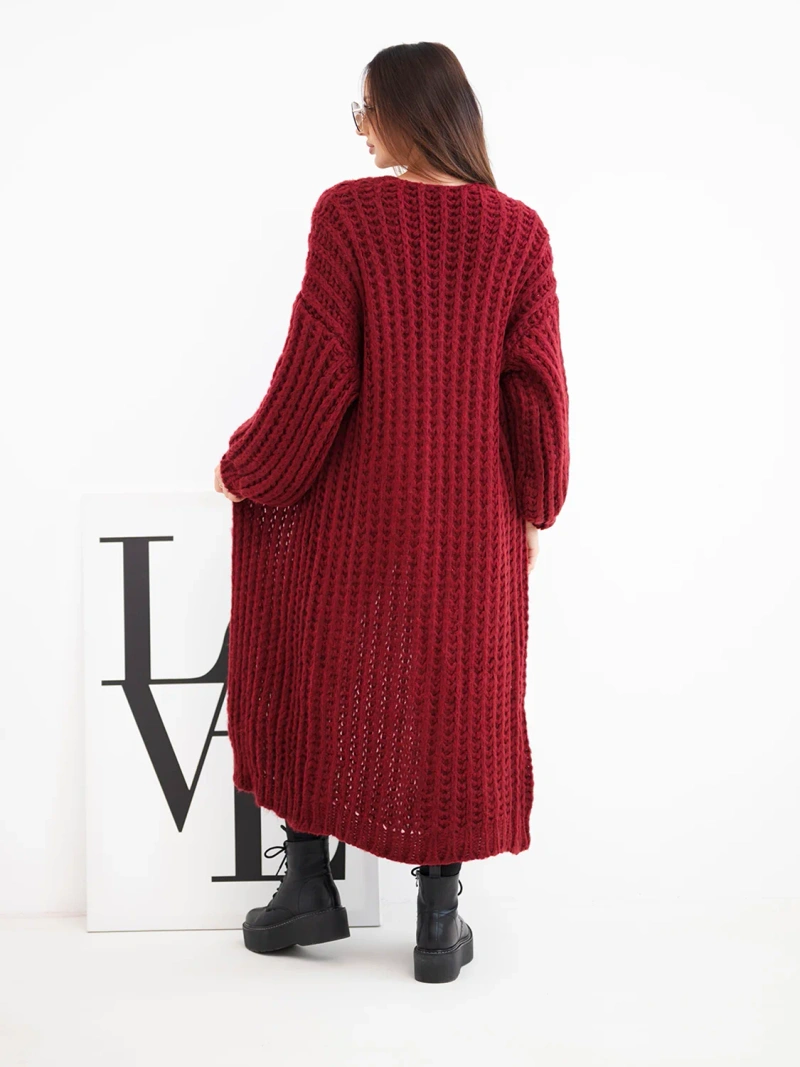 Women's long openwork long cardigan without fastening with wide sleeve burgundy